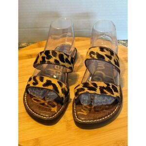 Sam Edelman Adora Leopard Calf Hair Double Strap Slide Sandals Brown Tan Size 8